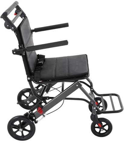 Vikbar rullstol, lätt reserullstol, aluminium, transportstol med ficka, kompakt hopfällbar skjutrullstol, 100 kg lastkapacitet 8,8 kg egenvikt sittbredd 41 cm handbroms svart