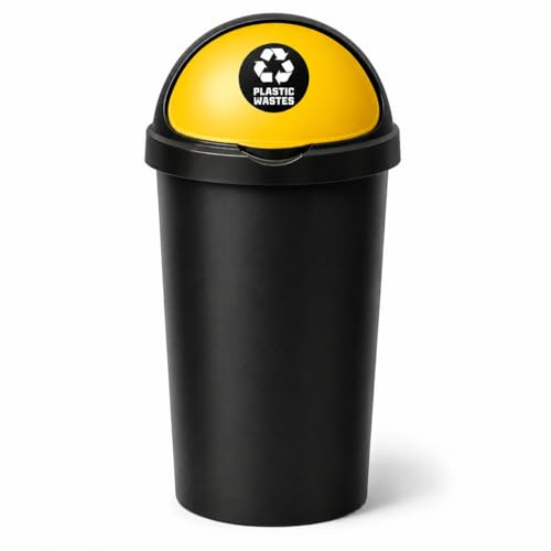 SPECTRAPLAST® 50L Bullet Bin with Coloured Lid & Sticker, Large Kitchen Rubbish Bin, Plastic Waste Bin for Home, Office, Bathroom & Utility Room, Indoor Recycling Dustbin (YELLOW, PLASTIC WASTES)