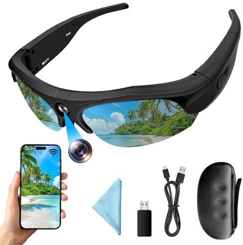 Occhiali da Sole con Telecamera, Occhiali con Telecamera Nascosta | Mini Action Cam, Registrazione video in HD, 100 minuti, 120°, Wi-Fi, registrazione in loop per attività all'aperto