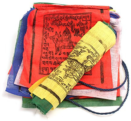 YAKEBA | Bandiera di preghiera tibetana - 5,00 metri | 20 bandiere (21x25cm ciascuna) | 100% cotone | Stampa tradizionale in legno | Catena a pennacchio in tessuto | Bandiera da giardino