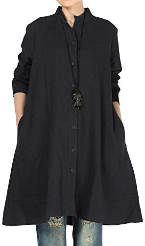Vogstyle Chemise Robe Femme Blouse Chemisier Femme Longue Caseul Manches Longues Poches Latérales Noir L