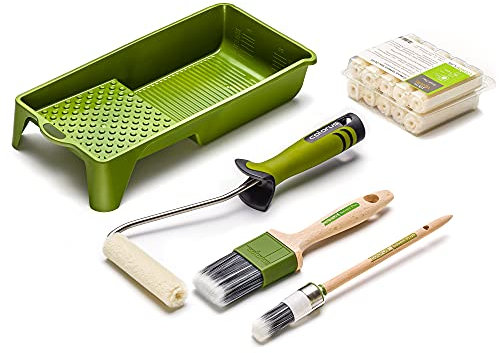 Profi Lackierpinsel Lackpinsel Gr. 06 (30 mm) und 40 mm | Velours Lackierrolle Lackwalze Lackierwalze 10 cm | Lackierwanne Lackwanne Farbwanne 15 x 32 cm | Edelstahl Aufsteckbügel Farbroller-Bügel