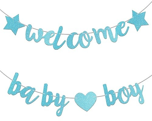 Welcome Baby Boy Deko, Willkommen Zuhause Girlande Baby Jungen, Blau Welcome Baby Girlande Deko, für Babyparty, Zuhause Empfang, Baby Shower, Kindergeburtstag Dekoration Junge
