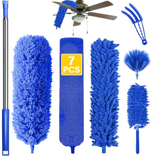 Staubwedel Teleskop Waschbar FüR Decke, Staubwedel Lang Ausziehbar 37-256cm, Duster Mikrofaser Staubwischer, Spinnenwebenentferner Entfernt MüHelos Staub Und Spinnweben, Verbiegbare Eckbesen 7 Blau