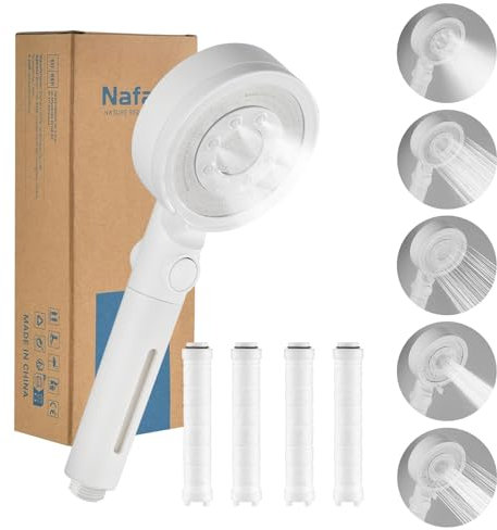 Nafall Duschkopf mit 4 PP Filter, Handbrause Wassersparend, Duschkopf Duschbrause mit 5 Strahlarten Hochdruck, Sparduschkopf, Regendusche, Stoppfunktion, Weiß (Ohne Schlauch und Halterung)