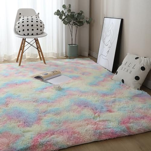 YUANWAN Hochflorteppich Langflor Teppich 90 x 60 cm Flauschig Weicher, Maschinenwaschbarer Teppich Schlafzimmer Flauschige Moderne Carpet Bedroom für Schlafzimmer, Wohnzimmer, Mehrfarbig