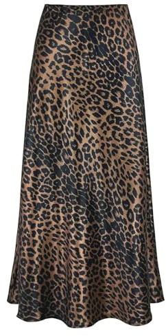Genfien Damkjolar kvinnor hög midja dold elastisk midja midi-kjolar midi lång sidensatin, Brun leopard, XL
