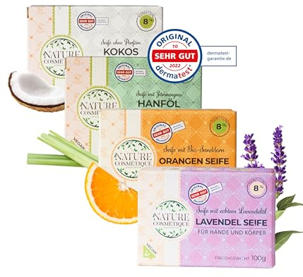 Nature Cosmétique® Seifenbundle Natur Lavendel, Hanföl, Sanddorn & Kokos – Handgemachte Naturseifen für Hände & Körper – Feuchtigkeitsspendend, hautpflegend, vegan, palmölfrei – Made in Germany