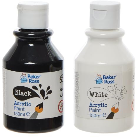 Baker Ross FN515 Svartvit akrylfärg 150ml - Förpackning med 4, Färg för pyssel och hantverk, Barnfärg