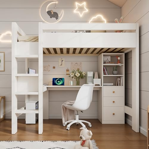 LAKFEW Kinderbett 90x200 cm Hochbett mit Schreibtisch und USB Type-C, Etagenbett Bett mit Stauraum Schublade, Einzelbett mit Lattenrost, Jugendbett mit Leiter und Rausfallschutz, Ohne Matratze, Weiß
