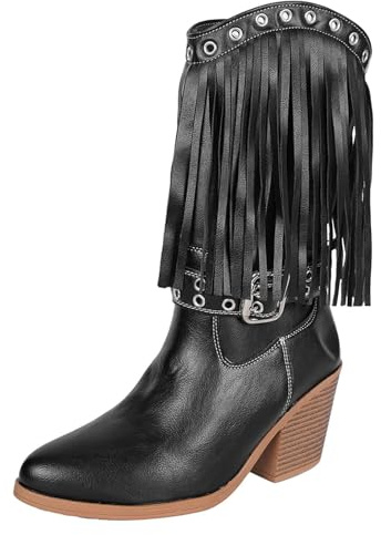 PAIDAXING Stivali da cowboy da donna a metà polpaccio con frangia fibbia in metallo punta tacco grosso slip on stivaletti casual da donna in pelle Cougirl stivali autunno inverno retrò scarpe, Nero