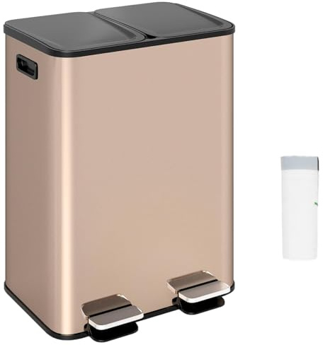 COSTWAY 60L Double Rubbish Bin, 2x30L Stainless Steel Recycle Pedal Kitchen Bin with Removable Buckets, Deodorizer Box, Soft Close Lid & Handles, Airtight Dustbin Trash Can (Gold with 15 Trash Bags)