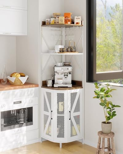 MaticScene Meuble de Bar à Vin d'angle à 5 Niveaux, Armoire de Buffet avec Porte en Verr, Buffet Industriel, Meuble de Rangement avec Éclairage LED pour Salon, Cuisine, Salle à Manger