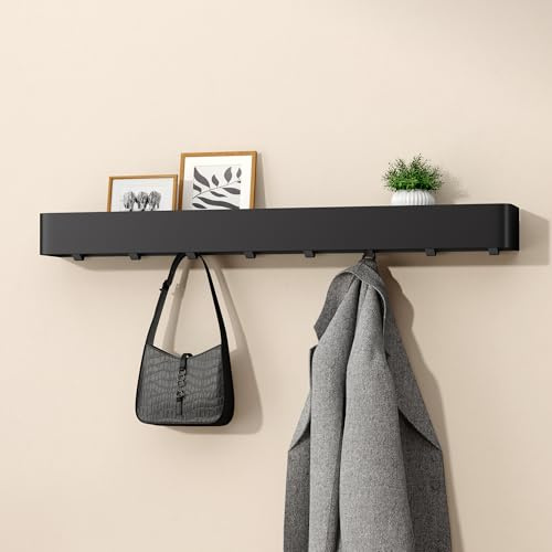 doporro Wandgarderobe mit Ablage, Garderobenleiste schwarz 80 cm, 8 Haken | Garderobenhaken als Jackenaufhänger & Garderobe, Kleiderhaken Wand ohne Bohren oder mit Bohren für Flur, Bad & Küche