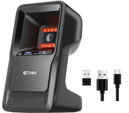 OBZ Lector Códigos Barras 1D/2D Inalámbrico con Manos Libres, Escáner Bluetooth/ 2.4G/ USB Omnidireccional de Sobremesa, Compatible PC Mac Android iOS – Ideal para Supermercado, Tienda, Almacén