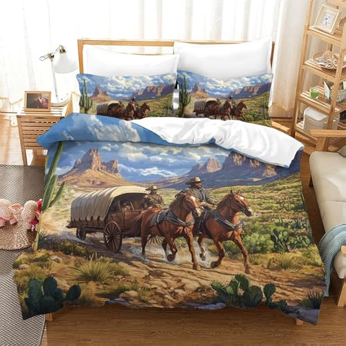 KQZJXNRPHG Stile Western 3D Stampato Cavallo Copripiumino Microfibra Decorazione Camera Set Biancheria da Letto Carro Adulto Morbido Traspirante Single（140x200cm）