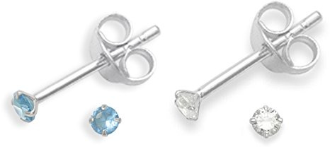 Set of 2 PAIRS Sterling Silver Cubic Zirconia stud Earrings - SIZE: TINY 2mm - Very Small & discreet - Light Blue & Clear 5549LB/SET
