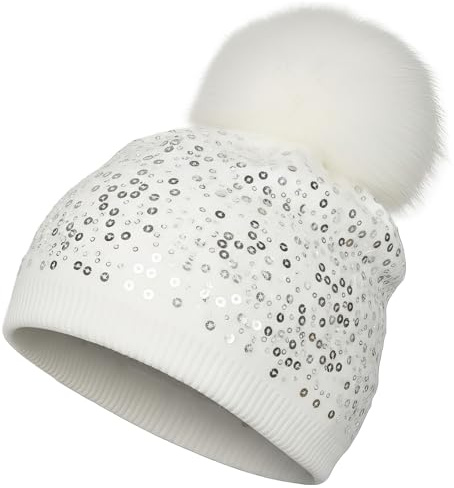 styleBREAKER Damen Bommelmütze Pailletten Kunstfell Bommel | Feinstrick 58cm. abnehmbares Element 14cm. elastisch. Bundweite 22cm. winterfest. weiche Haptik. Glitzer Besatz.