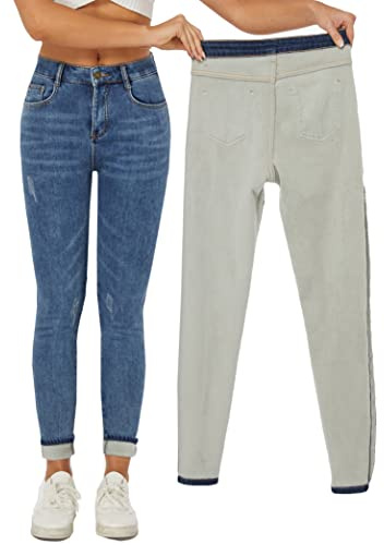 Yehopere Damen-Jeans mit Winterfutter aus Fleece, Slim Fit, warme Skinny-Jeans mit hoher Taille, Hell, blau, Groß