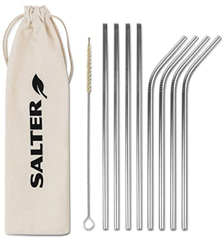 Salter 302 SSXR Eco Reusable Metal Drinking Straws, Curved and Straight Design, Set of 8, Includes a Sisal Fibre Cleaning Brush and Drawstring Bag, Perfect for a Night Out or Picnic, Stainless Steel