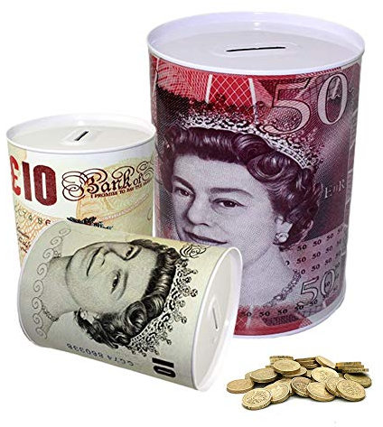 KAV Jumbo Large Money Tin Box (22 CM) - Multicoluor Coin Bank, Ideal Money Saving Jar for Adults & Kids, Perfect for Rainy Day Savings, Sealed to Prevent Dipping, British Banknote Design