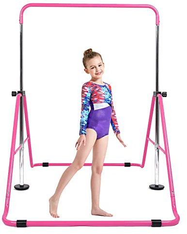 FINGER TEN Gymnastik Turnreck Kinder Gymnastics Bar, Horizontale Kip Stange Faltbar Turntrainingsgeräte 4 Fach Höhenverstellbar Turnstangen, Gymnastikstange Indoor Outdoor Hause（Rosa）