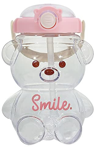 Merrwon Borraccia a forma di orsetto Kawaii, con cannuccia e adesivi, a prova di perdite, con tracolla, per ragazze, viaggi, scuola, 1 litro