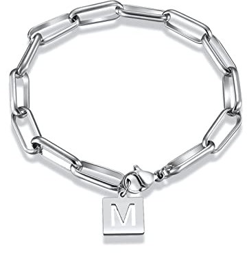 BCughia Armbänder, Armreif Edelstahl Silber Büroklammer Englischer Anfangsbuchstabe M Weihnachten Schmuck Geschenk für Junge und Mädchen