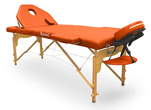 QUIRUMED Klappbare Holztrage Pro, 194 x 70 cm, mit klappbarer Rückenlehne, Farbe Orange, Kunstleder, Gesichtsloch, Abnehmbarer Kopf, höhenverstellbar, bis zu 150 kg