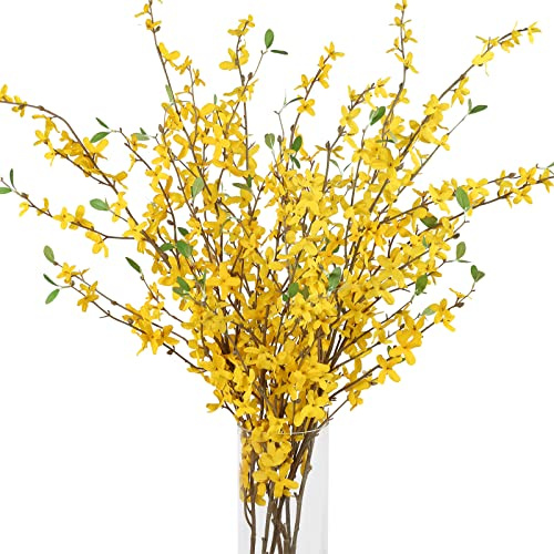 AILANDA 40.6''Artificial Flowers Yellow Silk Fake Forsythia Branches, 4PCS Faux Long Stem Winter Jasmine Orchids Flowers for Spring Door Wreaths Floral Home Wedding Office Indoor Outdoor Decor