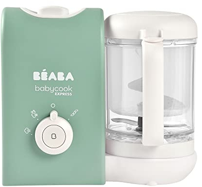 BEABA, Babycook Express, Baby Robot 4 i 1 mixer/stativmixer, 15 min. snabb matlagning, blandning av måttlig, mild och hälsosam ångkokning, upptining, homogen konsistens, kapacitet 1 250 ml, salviagrön