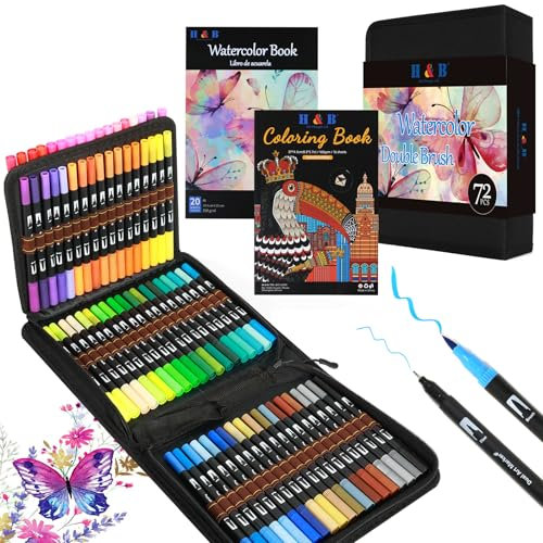 H & B Dual Tip Brush Pen Buntstifte, Fineliner-Filzstift-Set, 72 Farben, Malstifte mit Malbuch und Aquarellbuch, Kunststifte für Kinder und Erwachsene zum Zeichnen und Malen