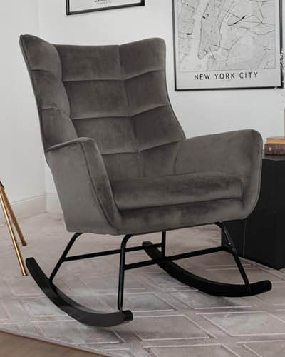 Qiyano Medira Schaukelstuhl Grau, Schaukelsessel mit Armlehne, Gepolsterter Sessel Wohnzimmer, Hochwertige Verarbeitung, 180 kg Tragkraft