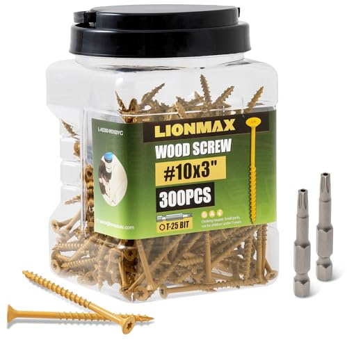 LIONMAX Deck Screws 3 Inch, Wood Screws #10 x 3, 300 PCS, Rust Resistant, Exterior Epoxy Coated, Outdoor Decking Screws, Torx/Star Drive Head Deck Screw, T25 Star Bit Included, Tan