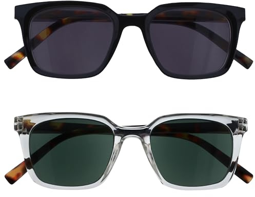 OPULIZE KOI Set di 2 Occhiali Da Lettura Con Lenti Da Sole - Lenti Colorate UV400 - Nero-Trasparente - Unisex - Cerniere a Molla - SS50-1C - +1.00