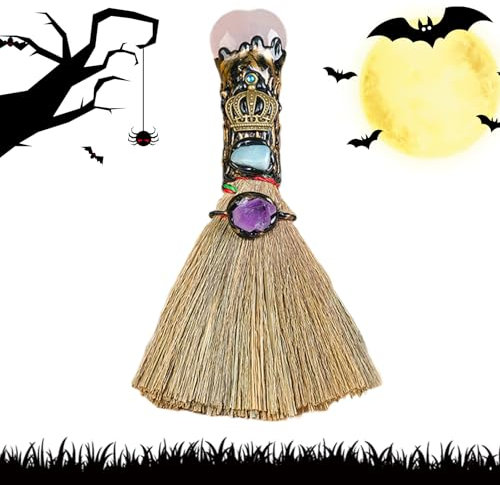 Qumiuu Escoba de natural, retablo de bruja | Escoba de de bruja con forma de corazón, artesanía con piedras preciosas para decoración del hogar, adornos curativos Fengshui para
