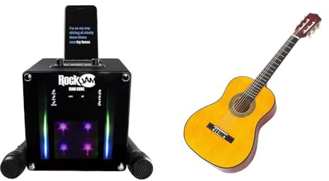 RockJam RJSC01-BK Singcube 5-Watt Rechargeable Bluetooth Karaoke Machine with Two Microphones & LED Lights, Black & Music Alley MA34-N Classical Junior Acoustic Guitar For Kids, 34 Inch
