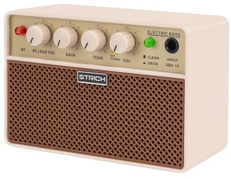 STRICH 2 x 5 W Mini-Bassverstärker - Tragbarer, wiederaufladbarer Bass-Übungsverstärker mit Clean, Drive-Kanälen, 1/8 Kopfhörerausgang für Bassanfänger, Brown