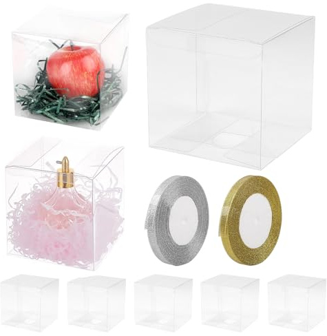 lalago 30 st plastpresentask plast, jul, transparent plast, presentlådor för förpackning, bröllopslådor, godis med 2 rullar guld- och silverband (12 x 12 x 12 cm)
