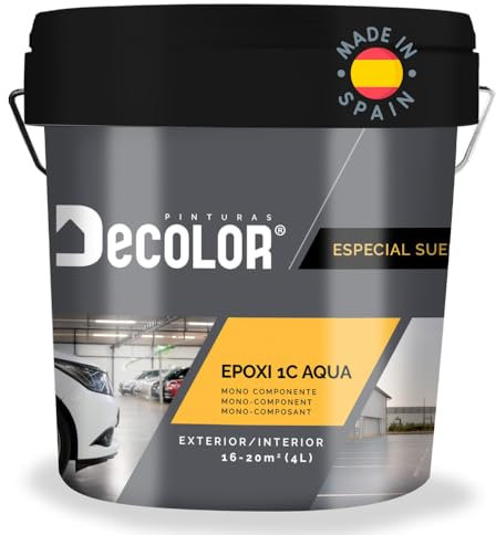 PINTURAS DECOLOR Pintura de Resina Epoxi Monocomponente Al Agua. Protege y Decora Suelos de Hormigón, Garajes, Terrazas, Pistas Deportivas. Exterior/Interior. 4 Litros BLANCO