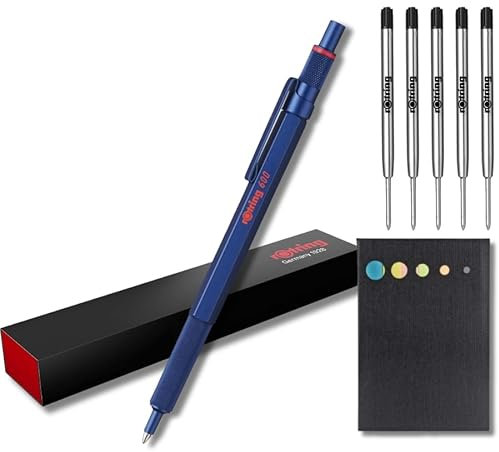 rOtring 600 Kugelschreiber-Set, mittlere Spitze, schwarze Tinte, blauer Schaft mit rutschfestem gerändeltem Griff, 5 schwarze Minen (M) + Haftnotizen