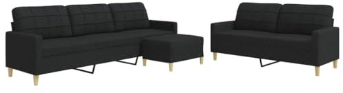vidaXL Sofagarnitur 3-TLG., Polstersofa mit Fußhocker, Sitzgruppe für Wohnzimmer, Loungesofa Sessel Sofa Couch Garnitur, Schwarz Stoff
