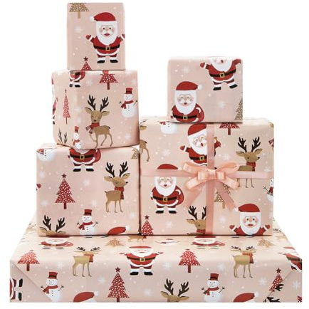 Weihnachts-Geschenkpapier, Rosa, 6 Bögen, Weihnachtsmann, Rentier, Schneemann, Papiere mit 2 Meter rosa Band, für Kinder, Mädchen, Jungen, Frauen, einzigartiges Weihnachtsdekorpapier, Geschenkpapier,