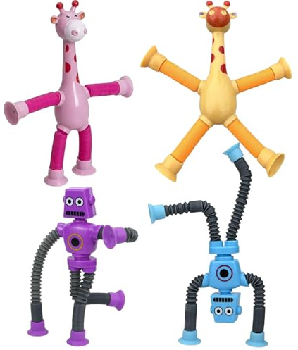 4 Saugnapf Spielzeug Kinder, Saugnapf Spielzeug , Roboter Spielzeug, Teleskop-Giraffe-Saugnapf-Spielzeug, Anti Stress Fidget Toys, Lustige Geschenke für Kinder Erwachsene
