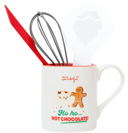 Mr. Wonderful - Set de taza + utensilios para hacer chocolate caliente - Ho ho… hot chocolate! - Batidor, Espátula de silicona, Plantilla para Decorar