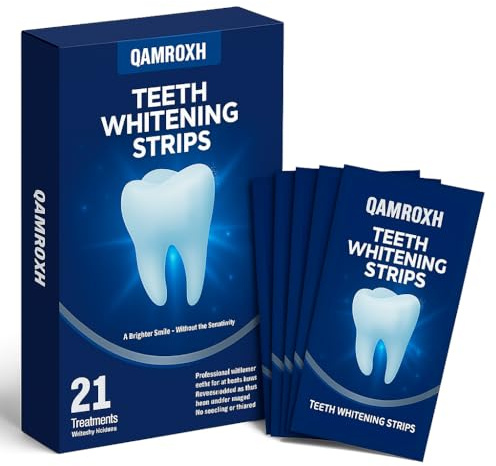 QAMROXH Teeth Whitening Strips (42 Strips) – Professional Pap+ Formula for Sensitive Teeth | Non-Peroxide Tooth Whitener for Coffee, Wine & Smoking Stains | Enamel-Safe 21-Day Full Treatment Kit