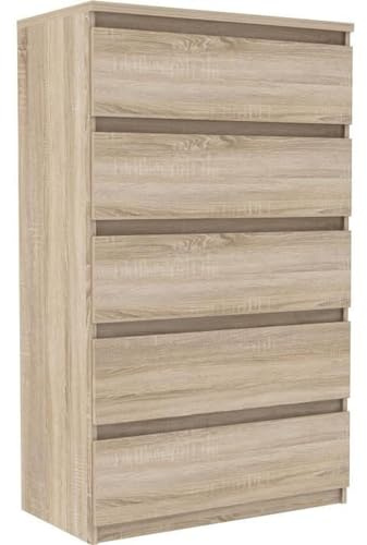 FORTE Chelsea Hohe Kommode 77 mit 5 Schubladen, Sonoma Eiche Dekor, 77,2 cm breit x 128,1 cm hoch x 42,2 cm tief