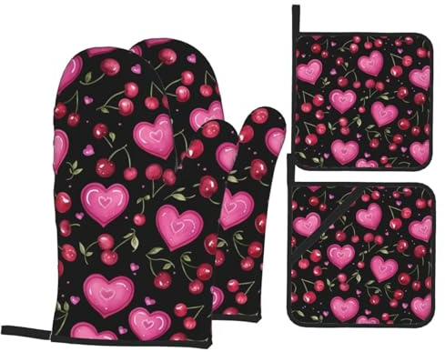 4 Pcs Hearts and Cherries Oven Mitts and Potholders,Kitchen Oven Glove with Pot Holders,Non-Slip Gloves High Heat Resistant 500 Degree for BBQ, Grill, Baking, Cooking, Oven, Microwave