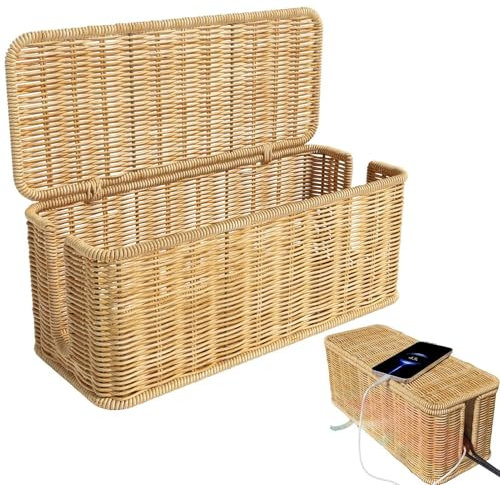 Scatola organizer per cavi in rattan, scatola di gestione dei cavi in rattan, scatola di immagazzinaggio in filo intrecciato a mano, scatola organizer rustica, scatola per nascondere cavi per casa e