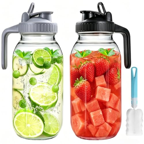 2 Pack 64 oz Glass Pitcher With Lid, Mason Jar Pitcher, Glass Sun Tea Jar for Ice Tea, 2 Quart Breast Milk Jug with Flip Cap Leak Proof, Cold Brew Coffee (2 PCS-64 oz)